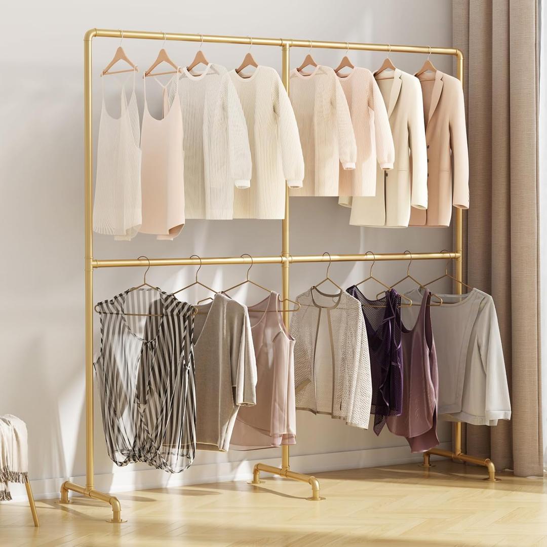 Industrial Pipe Clothing Rack, Double Rod Clothes Rack for Hanging Clothes, Heavy Duty Metal Garment Rack for Home Retail Boutique (Gold)