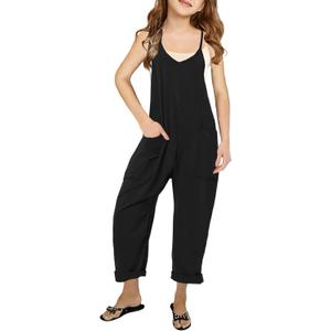 Cnkwei Girls' Casual Sleeveless Jumpsuits Spaghetti Strap Loose Romper Long Pants with Pockets (11-12 Years, Black)