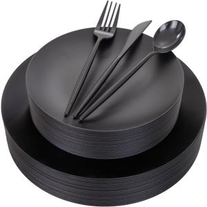 EI 150pcs Black Plastic Plates Frosted Plastic Plate,Premium Heavy Duty Black Plastic Plates,Black Disposable Plates with Plastic Silverware, 10.25" Dinner Plates and 7.5" Dessert Plate Wedding Party