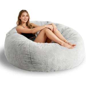 Faux Fur Comfy Bean Bag Chair Cover (No Filler), Fluffy Stuffed Animal Storage Bean Bag Covers Large Sofa for Adults, Premium Furry Fuzzy Bean Bag for Living Room Bedroom, Light Gray