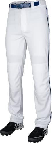 Rawlings | Semi-Relaxed Full Length Baseball Pant | Piped | Adult Small | White/Navy Small 