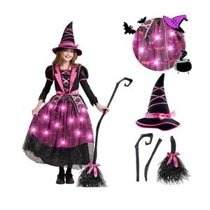 Spooktacular Creations Halloween Witch Costume Kids, Light Up Witch Dress with Hat and Broom for Girls, Toddlers Bat Outfit Set for Halloween Costumes Role Play Parties, Pink (Large(10-12 yrs)