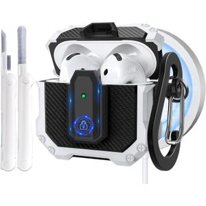 Compatible with AirPods 4th Generation Case(Secure Lock),Military Full-Body Shockproof Hard Protective Cover for AirPods 4 Case Cover 2024 with Keychain & Cleaning Kit, Drop-Proof Lock(White)