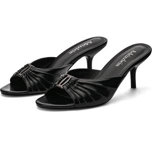 Adrizzlein Mule Heels for Women Peep Open Toe 2.7 IN Kitten Low Heels Ruched Mules Metal Slide Heeled Sandals Dress Shoes (Black, 10)