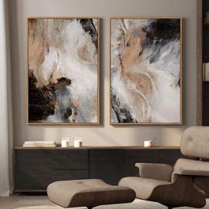 Large Framed Neutral Abstract Set of 2 Wall Art for Living Room, Minimalist Contemporary Modern Canvas Artwork for Walls, Brown Beige Gray Painting Print Wall Decor Bedroom Hallway Office, 24x36 Inch, 24" W x 36" H x 2Pcs