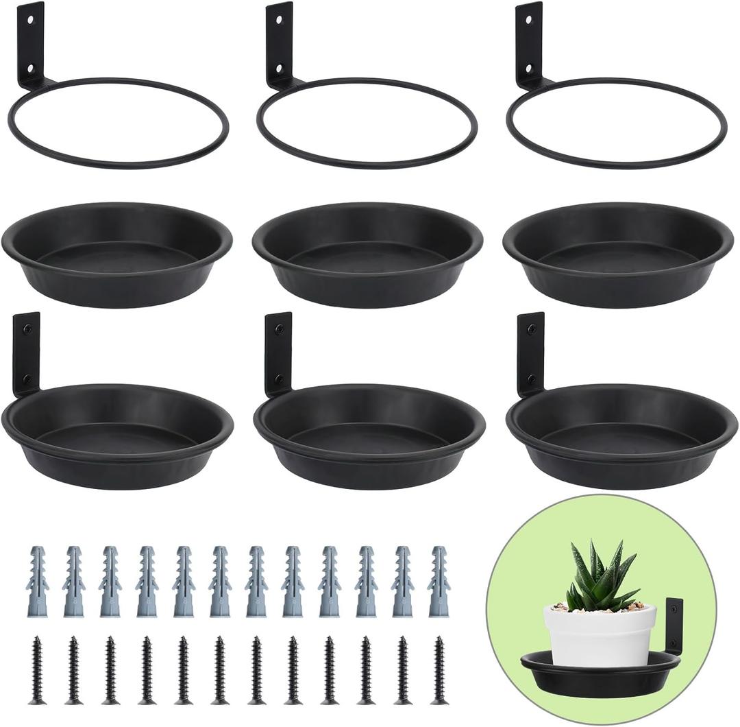 FAHAWEL 6 Inch Wall Mount Plant Holder with Saucer Trays, 6 Pack Heavy Duty Metal Flower Pot Holder Ring Plant Hanger for Wall Indoor, Ring Planter Bracket for Outside Outdoor Bird Feeder Bath