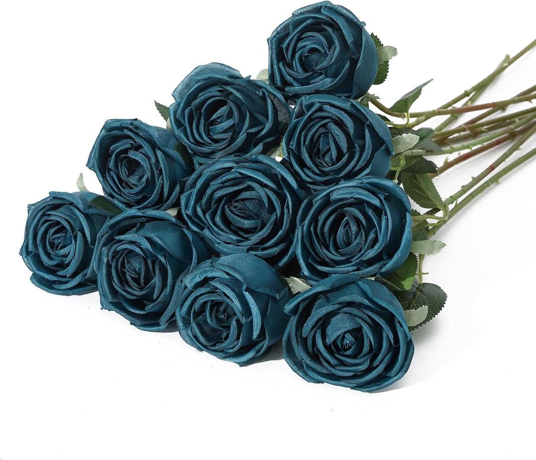 10 Pcs Fake Roses, Artificial Silk Rose Flowers with Long Stems, Realistic Faux Roses for Vase Home Wedding Table Centerpieces Baby Shower Decor (Peacock Blue)