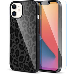 TEAUGHT Compatible with iPhone 14 Case Cute Pattern Black Leopard Print Cheetah + Screen Protector Tire Shockproof Cover, Cheetah Pattern Phone Case Anti-Skid for Girls Women