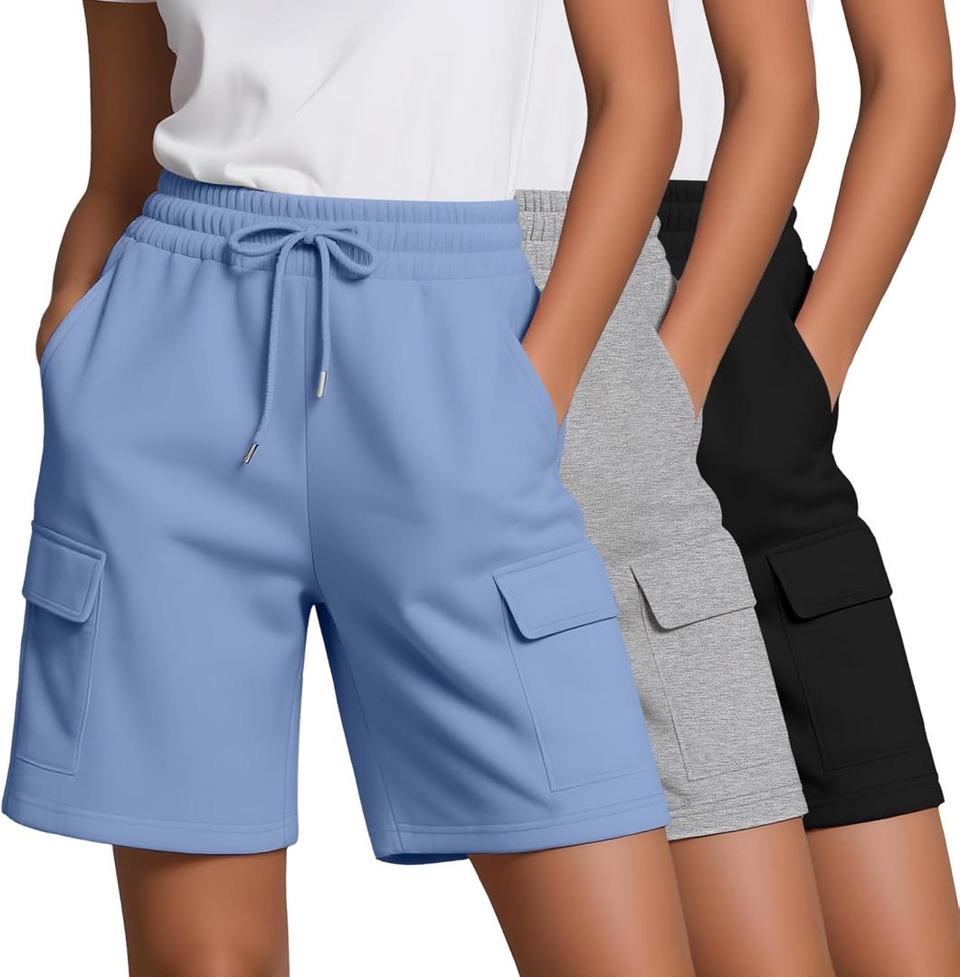 Neer 3 Pack Women's Bermuda Shorts Cargo Elastic Drawstring Knee Length Shorts Casual Loose Yoga SweatShorts with 4 Pockets, Black, Light Heather Gray, Light Blue, Medium