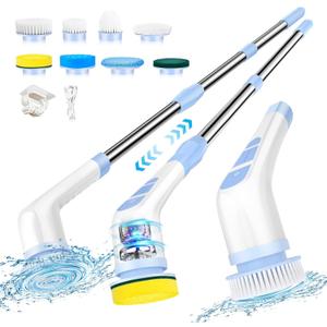 Electric Spin Scrubber Cordless Shower Scrubber with Long Handle, Cleaning Brush with 8 Replaceable Brush Heads, Electric Scrubber for Cleaning Bathroom Shower Floors Tub Tile (Blue)