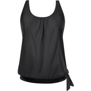 Yonique Womens Blouson Tankini Top Only Loose Fit Swim Top No Bottom Modest Swimsuit (20 Plus, Black)