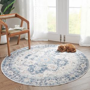 jinchan Round Rug 5ft Washable Area Rug Indoor Vintage Floor Cover Distressed Circle Mat 5' Round Lightweight Non Slip Low Pile Thin Carpet for Entryway Kitchen Living Room Bedroom Blue