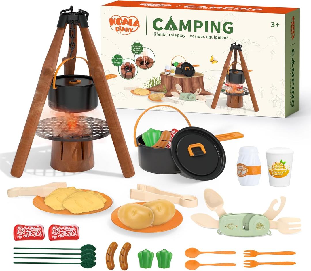 Kids Camping Toy Set, Pretend Play Cooking Set with Spray Stove, Food Toys, Tableware, Outdoor Toddler Campfire Toys for Ages 3+