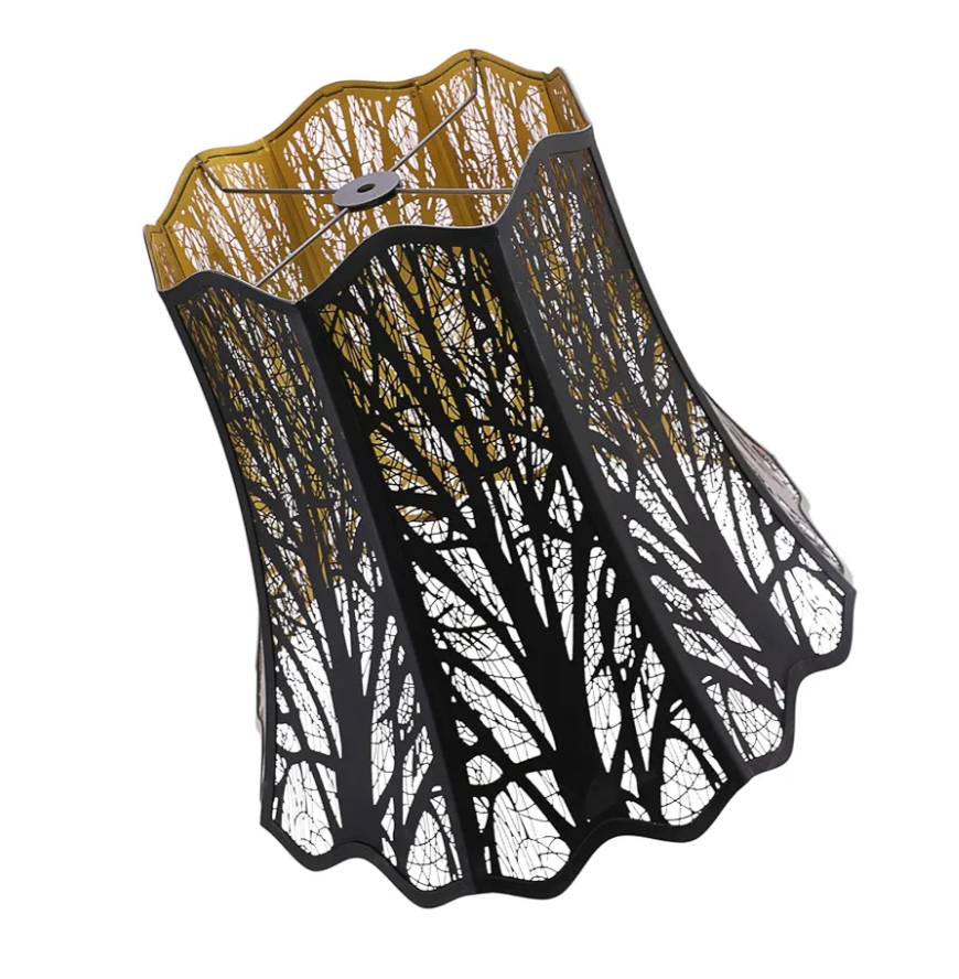Etched Court Style Metal Lamp Shade, Large Upper and Lower Wave Lampshade with Forest Tree Pattern, 10"Top x 16" Bottom x 14.75" High, lron Cover shade for Table Lamps, Floor Lamps (Black/Gold)