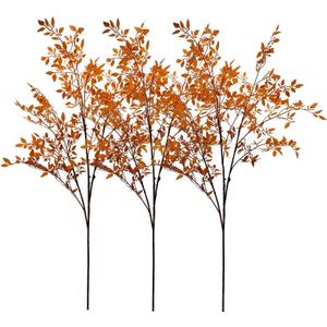 Avoik 3 PCS Artificial Branches 43.3inches Fall Artificial Bamboo Leaves Fake Faux Plastic Tall Stem Autumn Plants for Indoor Outdoor Table Centerpiece Fireplace Halloween Home Decor (Orange)