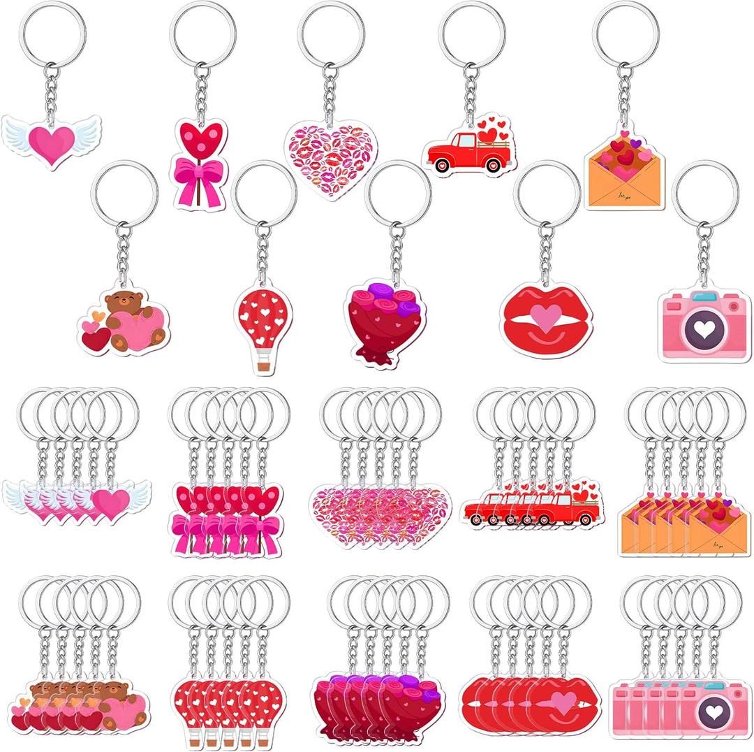 Sureio 50 Pcs Mother's Day Keychains Gifts Bulk Red Pink Heart Acrylic Key Rings Rose Flower Charm Pendant for Mother's Day Gifts