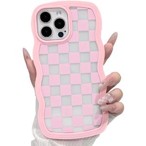 NITITOP Compatible with iPhone 12 Pro Max Case Cute Clear Curly Wavy Frame Shape Aesthetic Checkerboard Checkered Pattern for Women Girls Shockproof Soft TPU 2 in 1 Protective Phone Cover - Pink