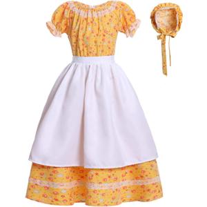 Girls Pioneer Prairie Costume Dress Kids Floral Colonial Village Costumes (Large, Yellow - Short Sleeves)