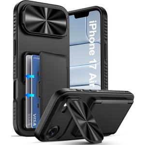 ATATOO for iPhone Air Case Wallet, Built-in Card Holder (3-5 Cards) & Stand & Camera Cover, Military Grade Protection Rugged Silicone Kickstand Phone Cover Case for iPhone Air 2025, 6.5", Black