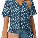 Anyally Womens Summer Dressy Chiffon Blouses V Neck Short Sleeve Tunic Tops for Leggings Casual T-Shirts L