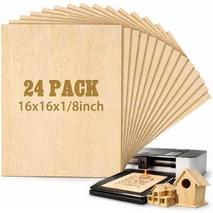 Juexica 24 Pcs 16" X 16"x 1/8" Basswood Craft Sheets, 3mm Plywood Board Wood Thin Sheets for Arts Crafts Woodworking Scroll Sawing Projects Painting Drawing Laser Cutting Projects