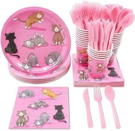 Sustainable Greeting Cat Birthday Party Supplies, Paper Plates, Napkins, Cups and Plastic Cutlery ( 24 Serves)