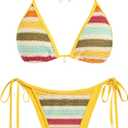 ZAFUL Women's Colorblock Stripes Triangle Halter Tied Cheeky Thong Bikini Set High Cut Two Piece Bathing Suit M