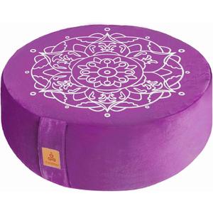 Embroidered Meditation Pillow D=16" H=5.5" Round Velvet Meditation Cushion Yoga Bolster Floor Pouf Zafu Natural Buckwheat hulls Sitting on Floor Removable Organic Cotton Cover Large Kneeling Pillow