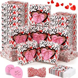 Tioncy 48 Pcs Valentines Cookie Boxes with Window Small Pink Bakery Boxes 4.3x4.3x1.2 Inch Dessert Containers with Heart Cards and Rope for Candy Muffin Homemade Soap Valentine Party Gift(Novelty)
