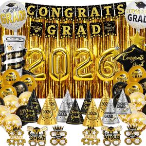 Graduation Decorations 2026, Class of 2026 Party Decorations Set with Banner, 2026 Balloons, Foil Curtains, Hats & Glasses, Black Gold Graduation Party Supplies for High School & College