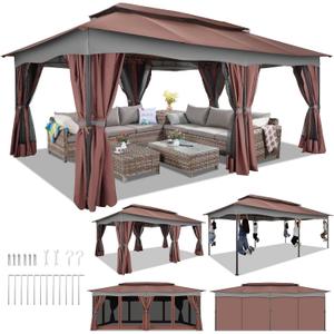 HOTEEL Gazebo 12x20, Outdoor Gazebo on Clearance with Double Ventilated Arc Roof, Privacy Curtains & Mosquito Netting, Easy Set up Canopy Tent with Stable Metal Frame for Patio, Brown (Upgraded 2.0)