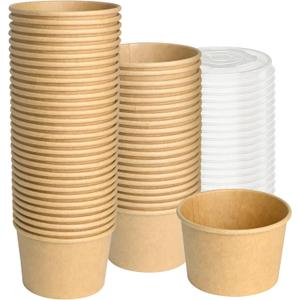 ESSENTIAL Paper Ice Cream Cups with Lids, 50pcs 8oz Disposable Dessert Bowls with Lids for Hot or Cold Food, Paper Snack Containers for Sundae, Frozen Yogurt, Soup (Brown)