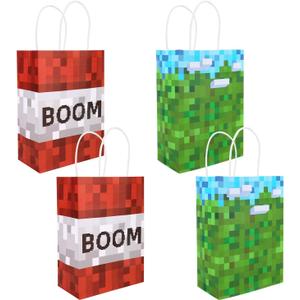 24pcs Pixel Party Favors Bags, Green & Red Video Game Theme Goodie Candy Snack Gift Goody Treat Bags with Handles for Kids Gamers Birthday Party Favors & Decorations Supplies