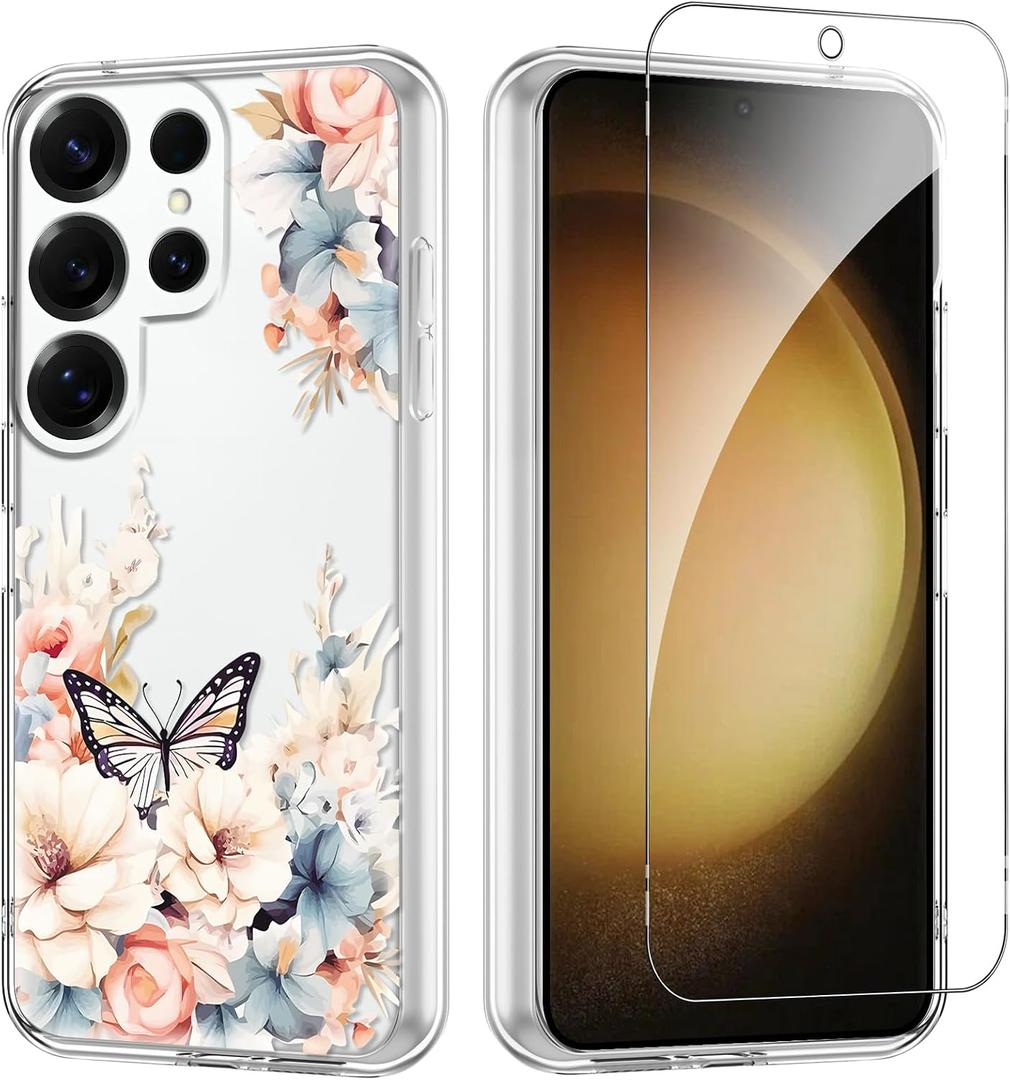 Flower Phone Case Floral for Samsung Galaxy S23 Ultra 5G 6.8'' with Screen Protector, Clear Transparent Phone Cover Slim Soft Shockproof Anti-Scratch Drop Protection Funda for Girls Women
