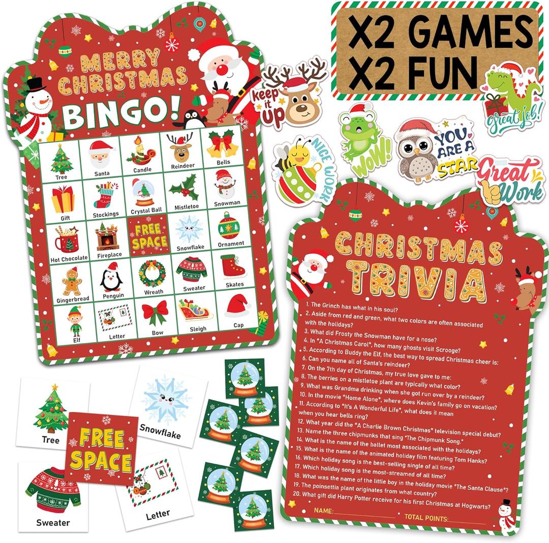 Christmas Bingo Game for Large Groups, 30 Player, Christmas Games for Adults, Family Party & Classroom, Fun Xmas Party Activities, Holiday Entertainment Games
