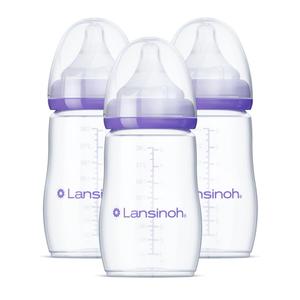Lansinoh Anti-Colic Baby Bottles, BPA-Free Plastic, 8 Ounces, 3 Count, Medium Flow Nipples (Size M), Breastfeeding Bottle with NaturalWave Design
