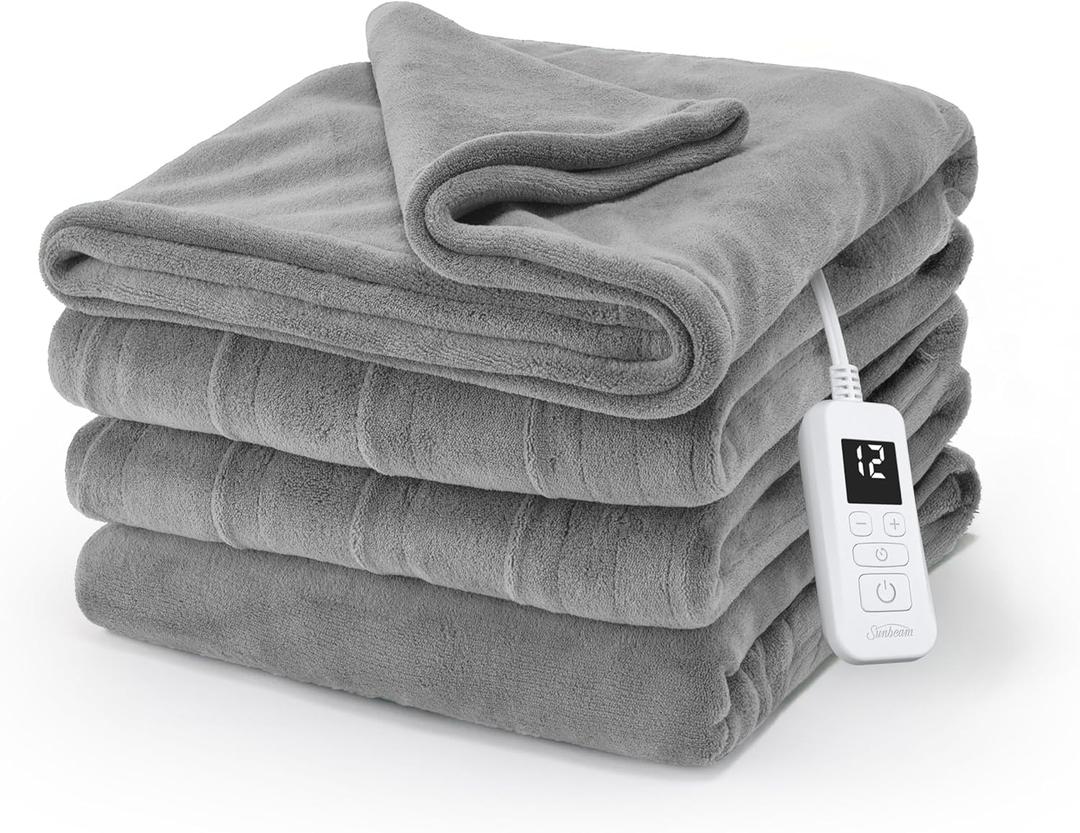 Sunbeam Electric Royal Luxe Microplush Heated Blanket, 12 Heat Settings, 12-Hour Auto Shut-Off, Fast Heating, Warm & Cozy, Machine Washable, Dove Gray Color, Twin (84" x 62")