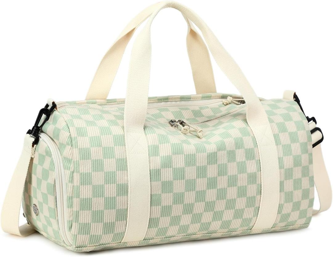 BLUBOON Duffle Bag Girls Kids Cute Gym Bag with Shoes Compartment & Wet Separation Waterproof Sports Overnight Travel Bag (Light green white grid)
