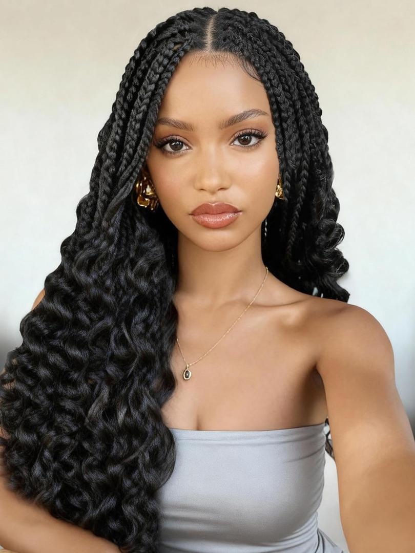 WIGER Braids Wig with Curly Ends Double Full Lace Boho Braided Wigs for Black Women Nature Black Lace Front Braid Wig with Baby Hair Synthetic Pre Plucked Knotless Box Daily Party