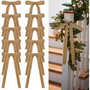 Light Khaki 24 Pcs Velvet Bows Christmas Tree Ornaments Valentines Day Bows Decoration for Garland Home Coquette Wedding Decor (9 x 13 Inch,Width of 1")