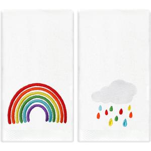 2 Pack Hand Towels Colorful Rainbow Cloud Rain Embroidered Cotton Dish Towel for Bathroom Hand Drying Kitchen Cleaning Towel Gift Set, 29.5 x 13.7 Inch