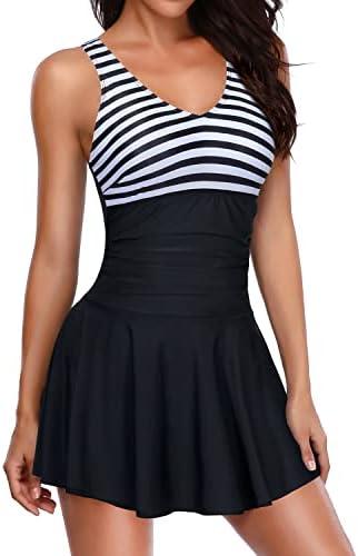 Yonique One Piece Swimsuits for Women Modest Tummy Control Swimdress Vintage Bathing Suits Skirt Swimwear, S