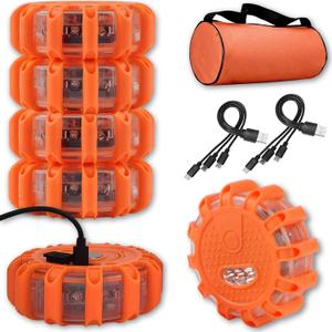 USB Rechargeable LED Road Flares Emergency Lights-Roadside Warning Car Safety Beacon Flashing Disc Flare Kit with Magnetic Base for Vehicles & Boat | 6 Beacon Disc Pack