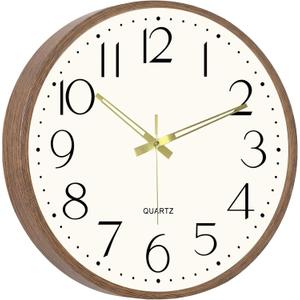 Vintage Wall Clock 14 Inch Quartz Silent Non-Ticking Analog Clock Battery Operated Rustic Round Decorative Clock for Living Room Kitchen Home Office Classroom (Brown Wood Grain)