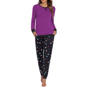 Ekouaer Pajamas For Women Comfy Long Sleeve Jogger Set Lounge Pjs Set With Pockets (X-Large, Purple Polka Dots)
