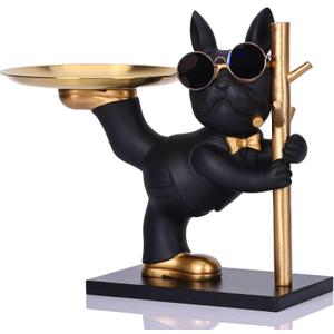 Resin Bulldog Tray Statue, Entrance Multi-Purpose Holder for Keys, Candy, Jewelry, and Earrings - Perfect for Home Decor, Modern Art, Dining Table, Office Desk, Entryway Decor (Black)