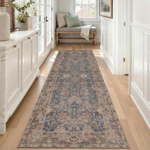 Kuden 2'6"x12 Runner Rug, Machine Washable Area Rug with Non-Slip Backing, Vintage Style, Soft, Easy Clean, Low Pile Rug for Hallway, Entryway, Kitchen, Bedroom (Blue / Brown)