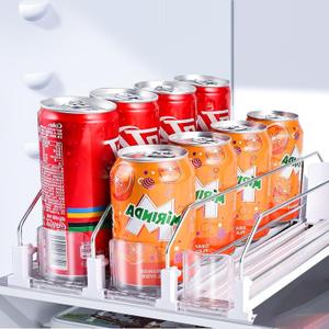 Drink Organizer for Fridge, Soda Can Organizer Dispenser for Refrigerator with Automatic Pusher Glide, Width Adjustable Clear Dividers Can Holder, 4 Rows