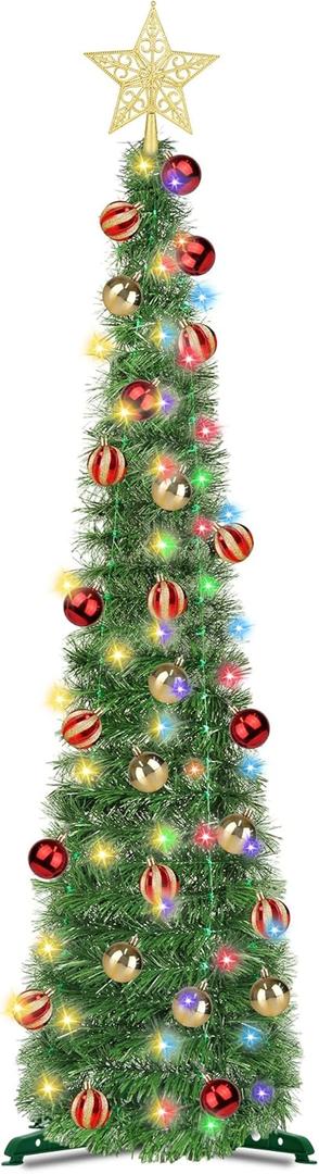 5 Ft Pop Up Christmas Tinsel Tree with Timer Warm White & Multi Color Change Lights Battery Operated Pencil Christmas Slim Tree with 25 Ball Ornaments & Star Xmas Home Indoor Holiday Decor (Green)