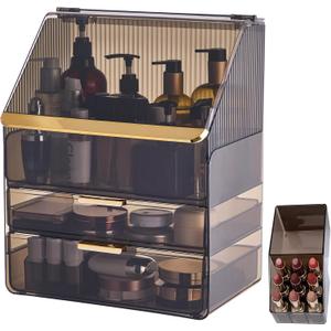 Large 3-Tier Makeup Organizer with Drawers and Lipstick Holder, Dustproof Waterproof Skincare Storage Box for Bathroom Countertop, Vanity Cosmetic Organizer,Clear Black